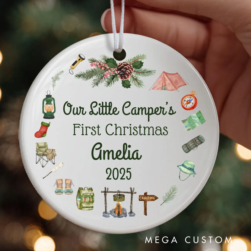 Personalized First Christmas Ornament 2025 Custom Camping Theme Forest Christmas Ornament Holiday Gift