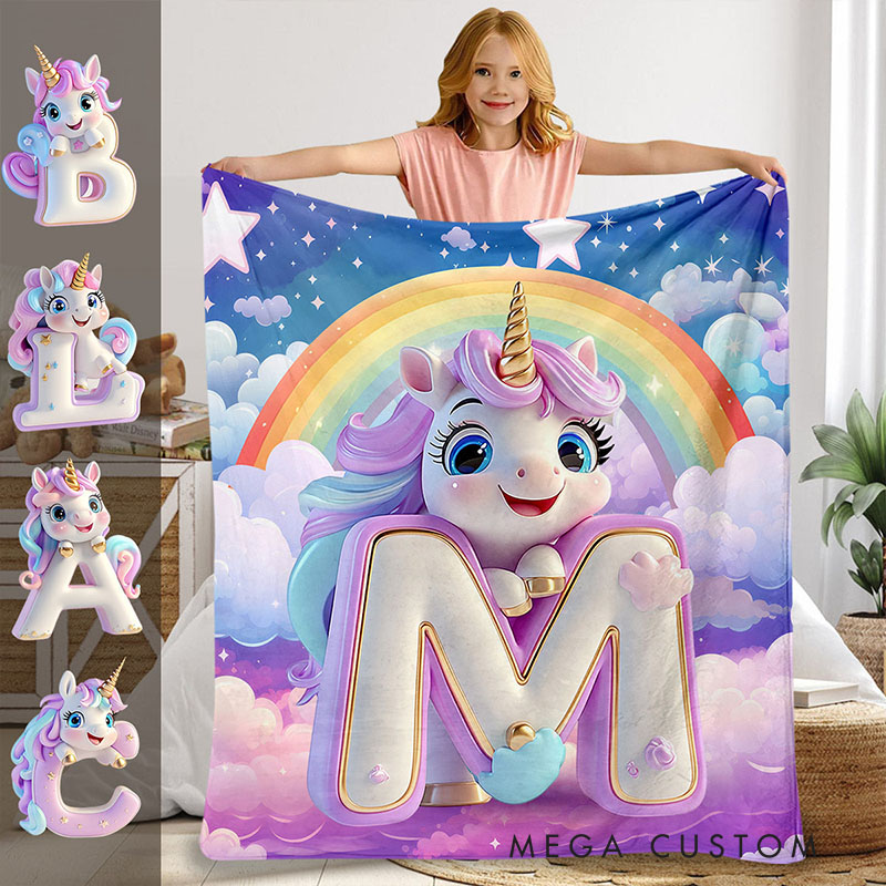 Personalized Unicorn Initial Blanket with Custom Letter and Rainbow Design for Kids and Cozy Bedroom Decor Blanket