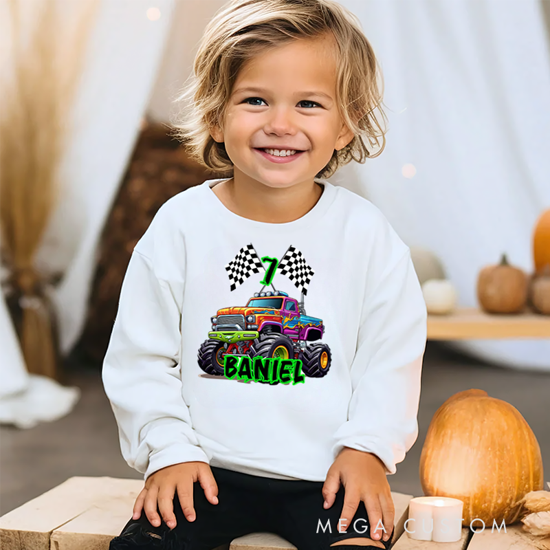 Personalized Big Wheel Off Road Truck Multicolor Kid's Sweatshirt Hoodie with Age and Name Birthday Christmas Gift for Kids