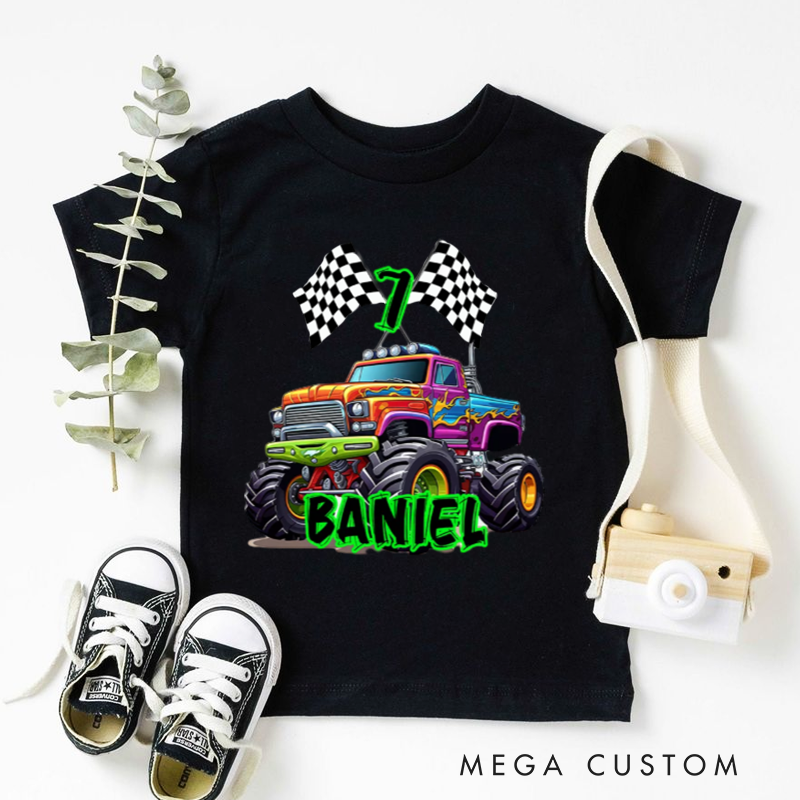 Personalized Big Wheel Off-Road Truck Multicolor Kid's Tshirt with Age and Name Birthday Christmas Gift for Kids