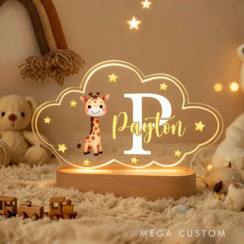 Personalized Cute Animals Star Cloud Style Acrylic LED Night Light with Wooden Base and Name Birthday Anniversary Gift for Kid Newborn