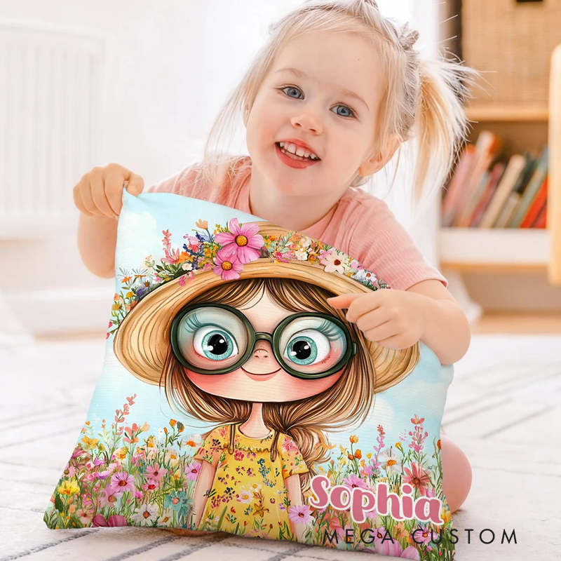Personalized Quirky Flower Girl Soft Throw Pillow Cover with Name Home Decor Birthday Gift for Girls Friends