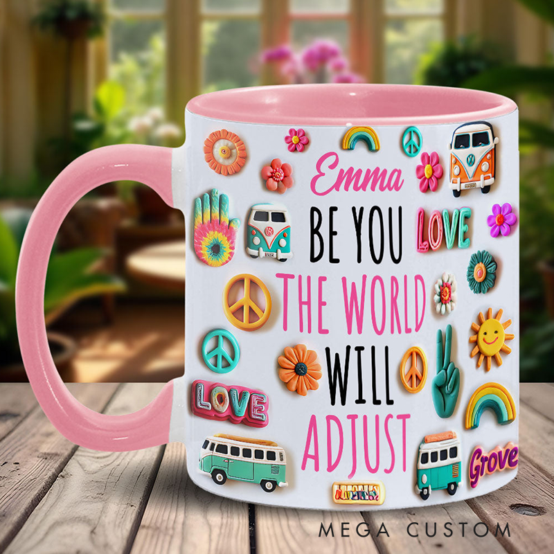 Personalized Name Hippie Accent Mug Be You the World Adjust Gift Hippie Lover Gifts Colorful Hippie Coffee Mug Bohemian Coffee Mug