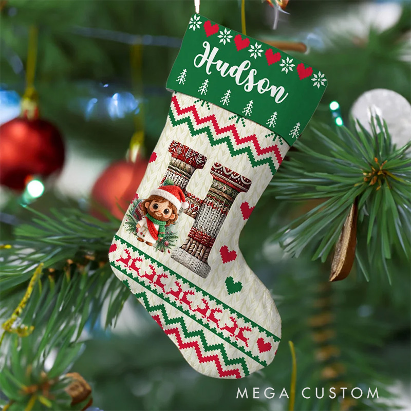 Personalized Cute Christmas Knitted Sweater Jesus Virgin Mary Hanging Christmas Stocking with Initial Home Decor Gift for Christian Kids Family