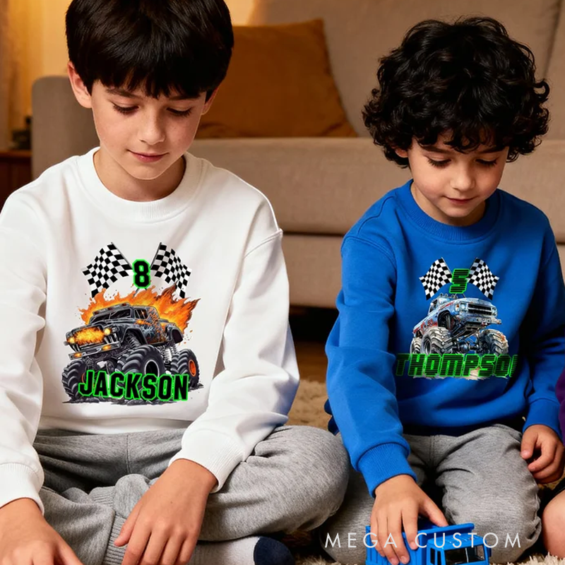 Personalized Big Wheel Off-Road Truck Multicolor Kid's T-shirt Sweatshirt Hoodie with Age and Name Birthday Christmas Gift for Kids