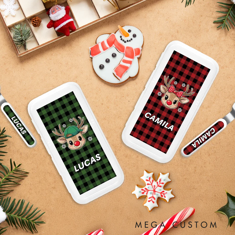 Personalized Cartoon Reindeer Snowflake Plaid Kid Stainless Steel Fork Spoon Knife 3 Pcs Cutlery Set with Name and Case Christmas Gift for Boys Girls