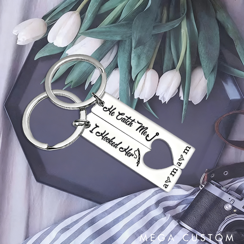 Personalized Couples Fishing Keychain Set He Caught Me and I Hooked Her Keychain Romantic Gift for Couples Fishing Lovers Anniversary or Valentine’s Day Present