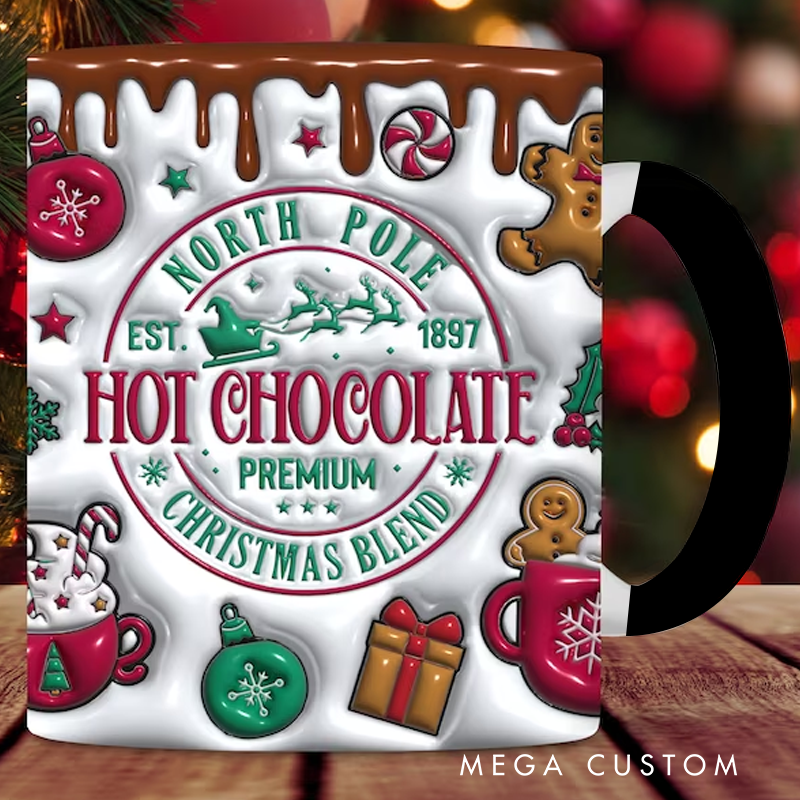 Personalized Christmas Hot Cocoa Inflated Mug Wrap 3D Puffy North Pole Christmas Vibes Mug