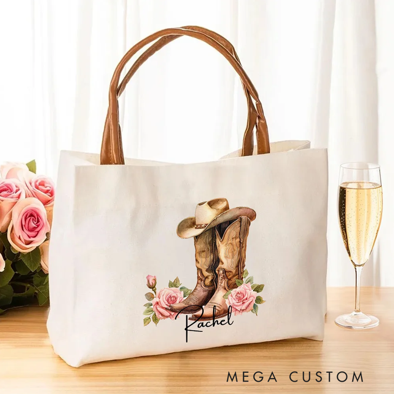 Personalized Birth Flower Western Cowgirl Boots Design Canvas Tote Bag with Name and Leather Handle Birthday Bridesmaid Gift for Women