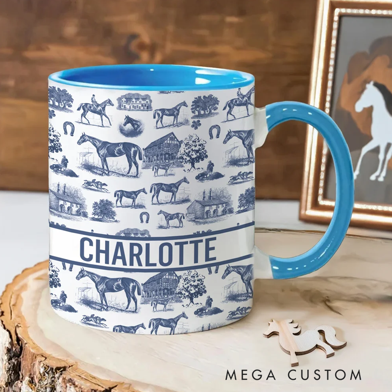 Personalized Multicolor Equestrianism Pattern Ceramic Coffee Mug with Text and Coaster Anniversary Birthday Gift for Equestrians Cowgirls