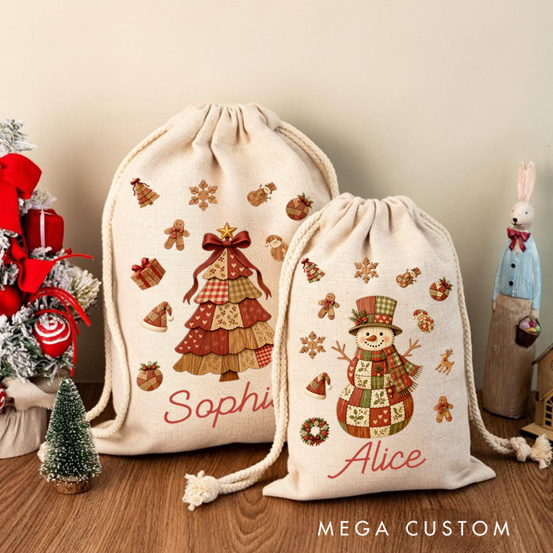 Personalized Wood Element Christmas Tree Santa Claus Canvas Drawstring Gift Bag with Name Christmas Gift for Family Kids