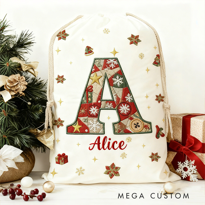 Personalized Initial Christmas Bag with Custom Name and Festive Imitation Embroidery Effect Style Design for Holiday Gifts Christmas Bag