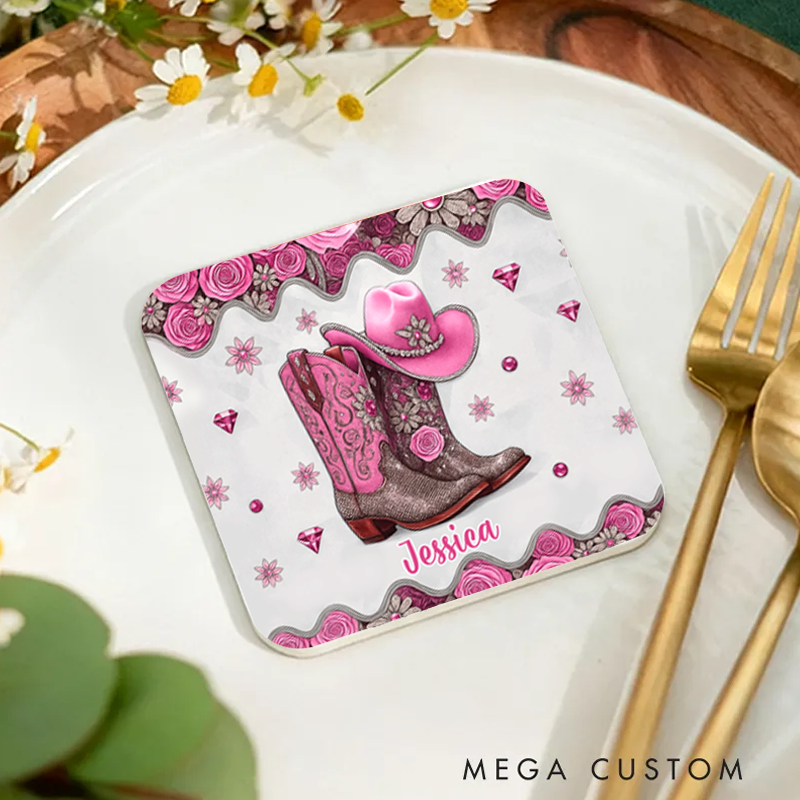 Personalized Name Cowgirl Accent Coaster Custom Cowgirl Boots Gift for Music Lover