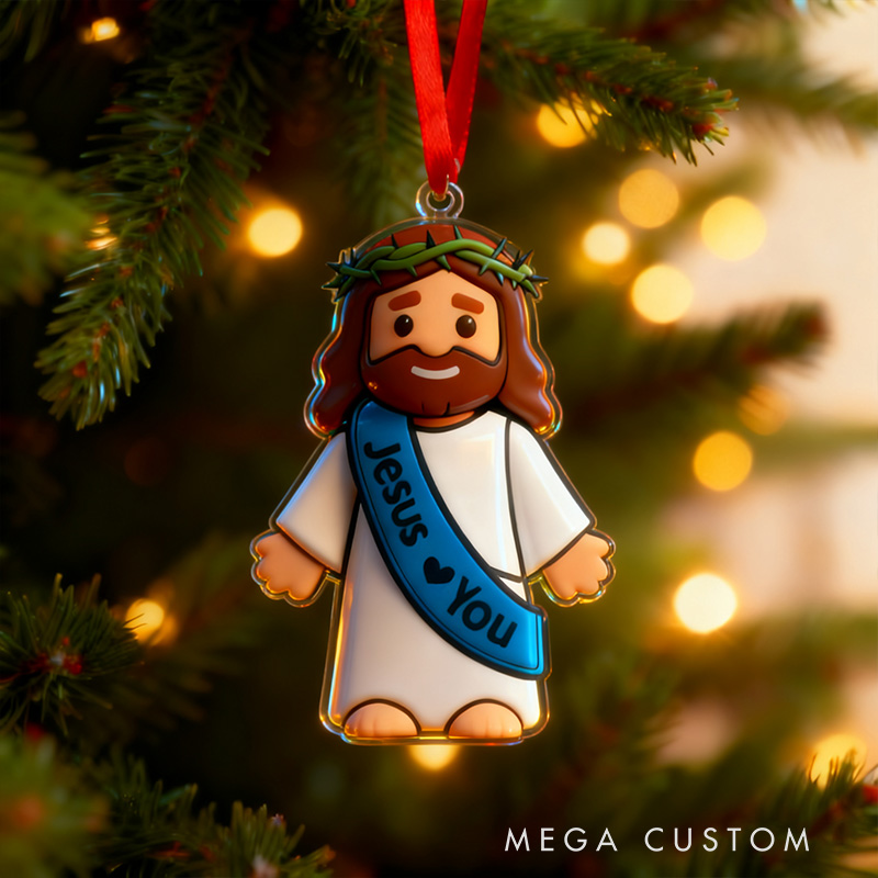 Personalized Cute Jesus Acrylic Ornament with Sash Jesus Love You Custom Nam Holiday Tree Decor Religious Gift for Kids Christian Gift for Christmas