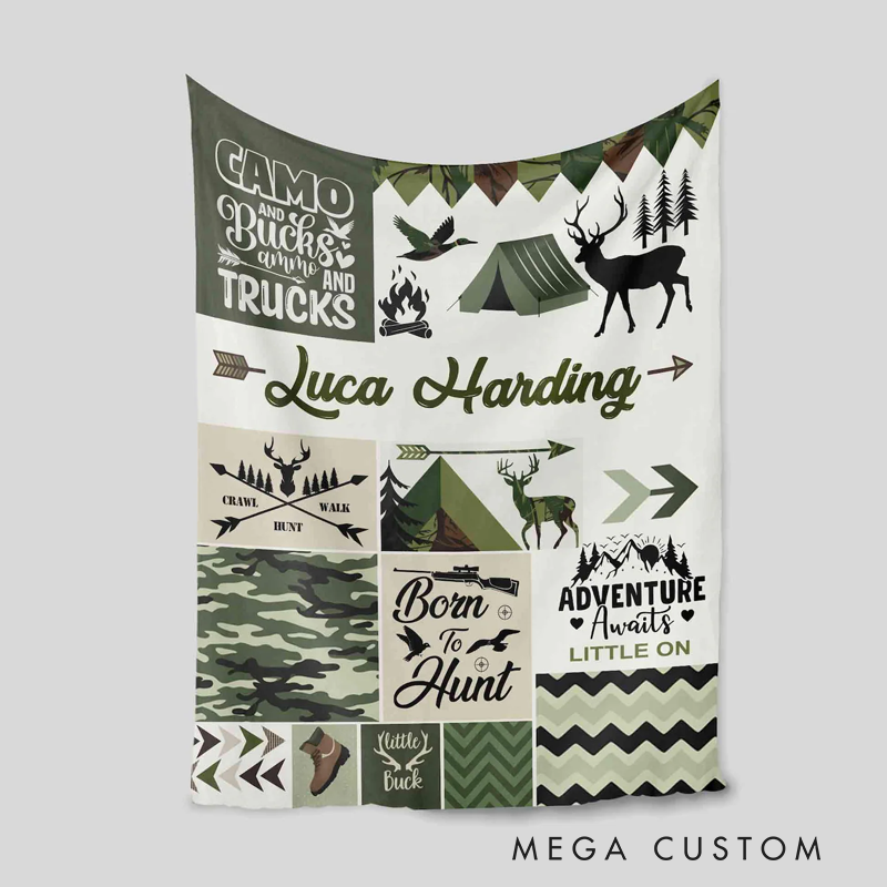 Personalized Hunting Blanket Hunting Kid Blanket Green Camo Woodland Themed Blanket Deer Hunter Blanket For Outdoor Hunting Lover