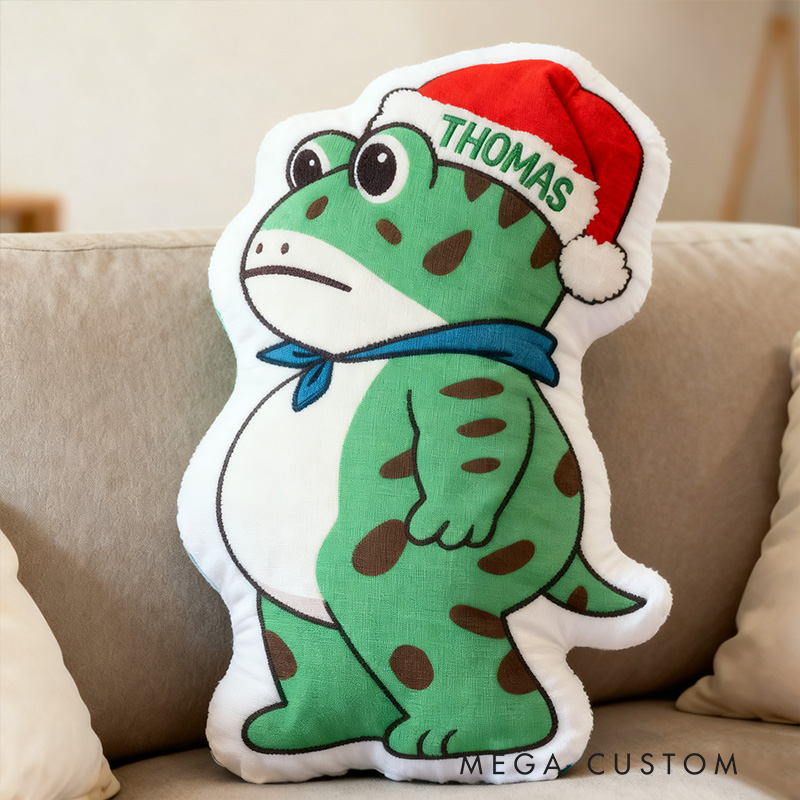 Personalized Frog Pillow with Custom Name and Festive Santa Hat Design for Kids and Playful Holiday Decor Pillow