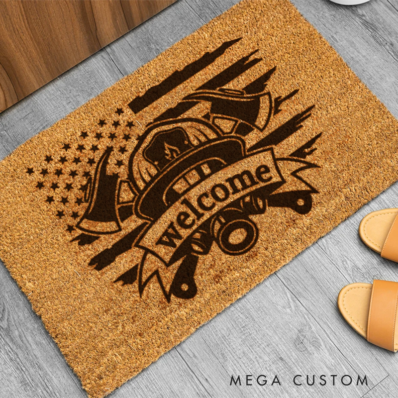 Personalized Firefighter Themed Doormat with Welcome Banner and Firefighter Helmet Design Durable and Stylish Gift for Firefighter Homes