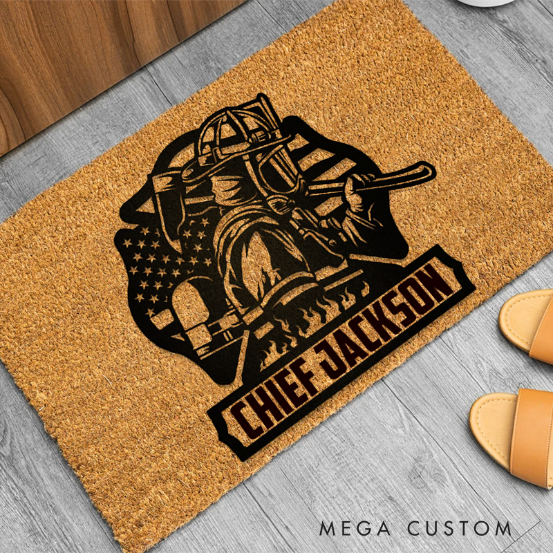 Personalized Firefighter Themed Doormat with Bold Firefighter Illustration Durable and Meaningful Gift for Firefighter 