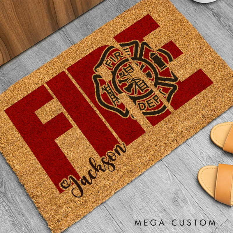 Personalized Firefighter Themed Doormat with FIRE Design and Firefighter Emblem Thoughtful Gift for Firefighter Families