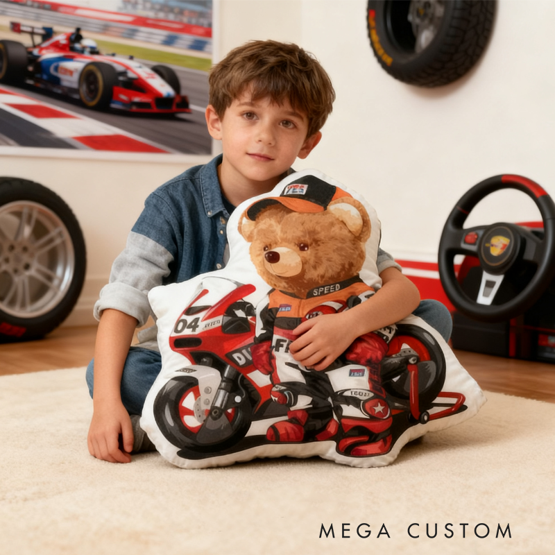 Personalized Decorative Pillow Rally Driver Teddy with Race Car Background Christmas Gifts