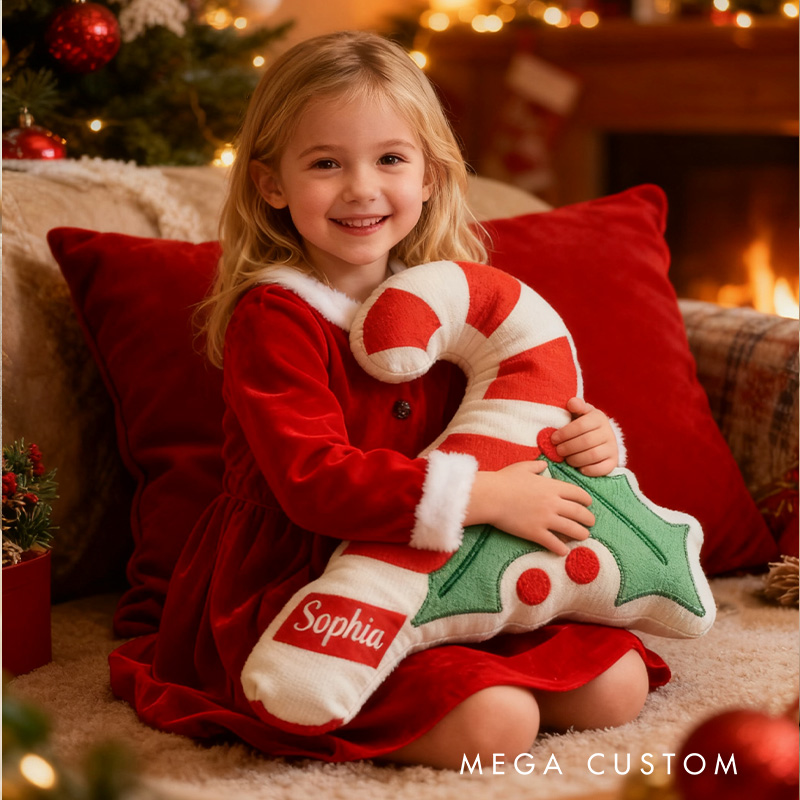 Personalized Candy Cane Pillow with Custom Name and Festive Holly Design for Holiday Decor and Seasonal Cheer Pillow