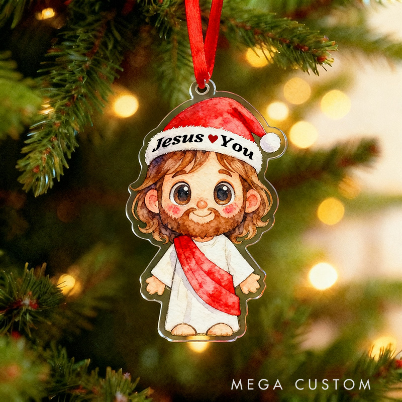 Personalized Cute Jesus Acrylic Ornament with Jesus Love You Custom Text Holiday Tree Decor Religious Gift for Kids Christian Gift for Christmas