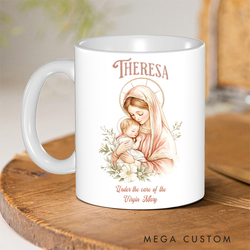 Personalized under the Care of Virgin Mary Ceramic Mug with Name Religious Gift Catholic Gift for Women Girls
