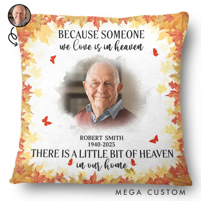 Personalized Memorial Throw Pillow Custom Photo Watercolor A Little Bit Of Heaven In Our Home Sympathy Gift for Family