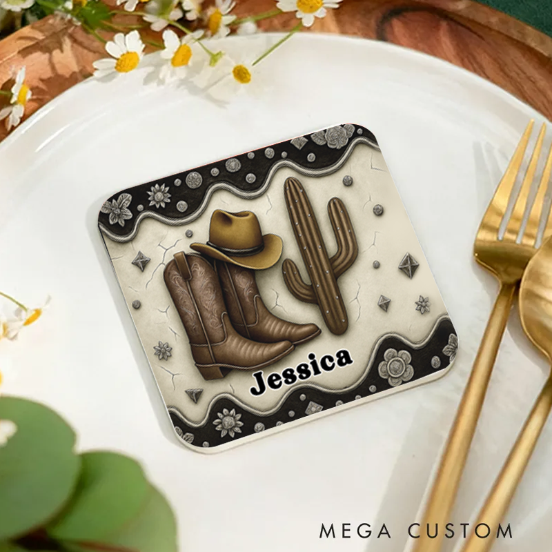 Personalized Name Cowboy Accent Coaster Custom Cowboy Boots Gift for Music Lover