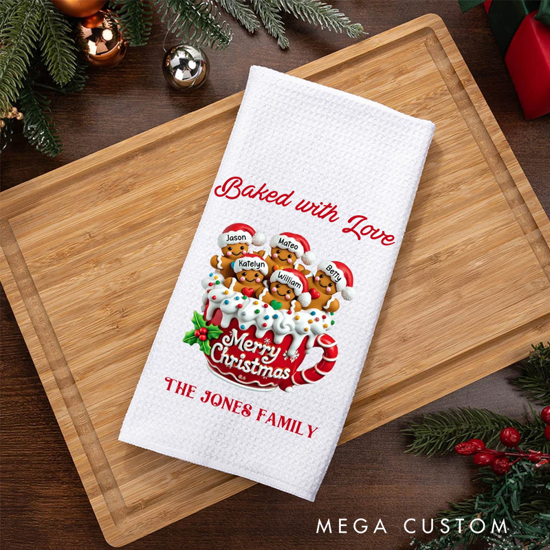 Personalized Gingerbread Men Cocoa Mug Waffle Kitchen Towel with Name and Surname Christmas Gift for Family Friends