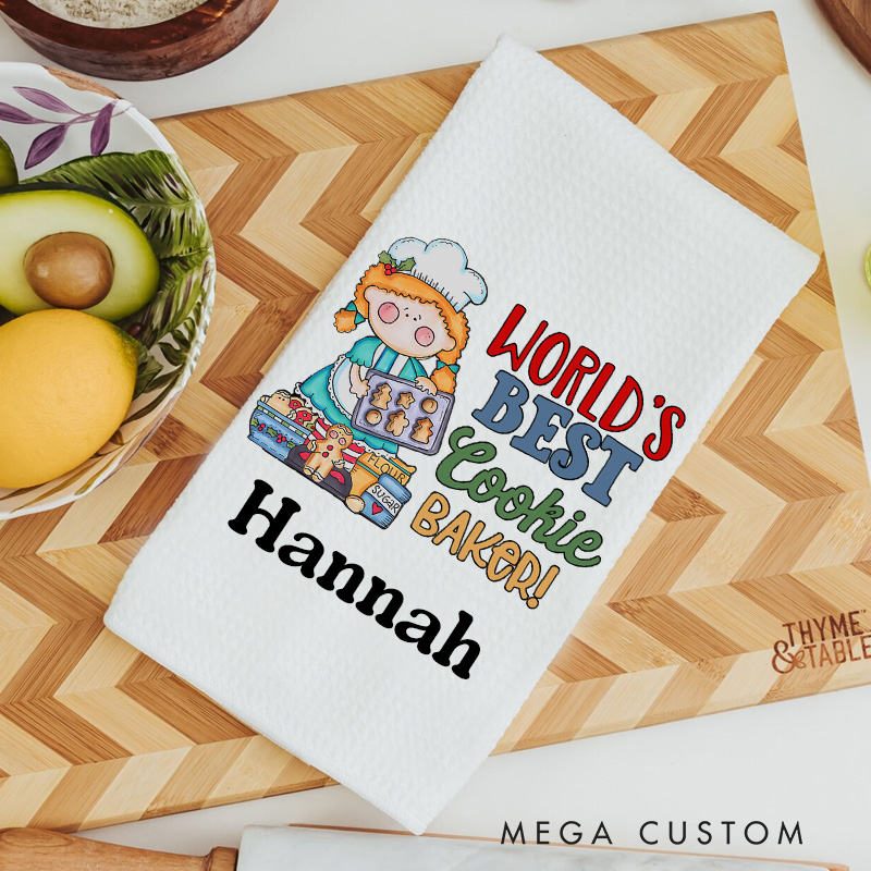 Personalized World's Best Cookie Baker Waffle Kitchen Towel with Name Baking Lover Christmas Gift for Baker Family Friends