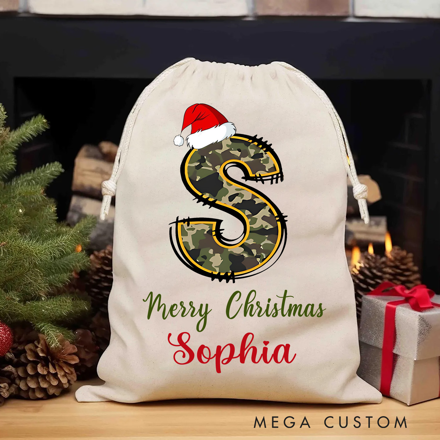 Personalised Hunting Doodle Alphabet Merry Christmas Sack Camo Green Custom Hunting Lover Christmas Gift for Kid