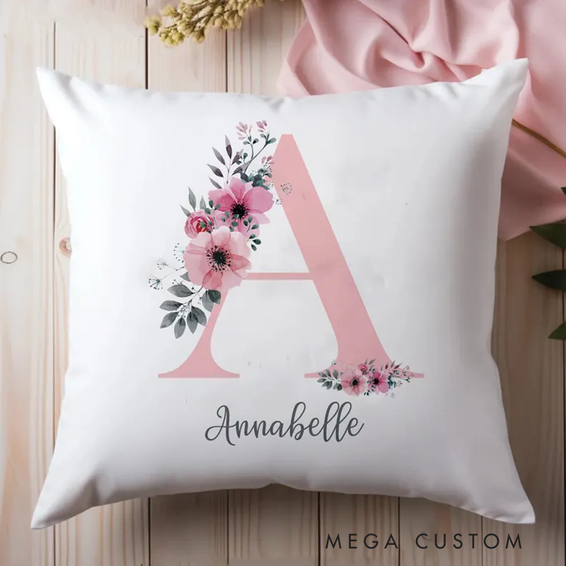 Personalised Initial Cushion Rose Gold Custom Gift Girls Bedroom Gift Watercolour Flowers Baby Gift Initial Gift for Her Custom Made