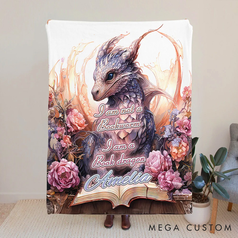 Floral Book Dragon Soft Throw Blanket with Name Birthday Gift for Bookworm Readers Dragon Lovers Fantasy Book Lovers Gift