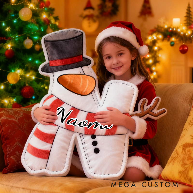 Personalized Cute Cartoon Santa Hat Snowman Initial Pillow Christmas Gift for Kids