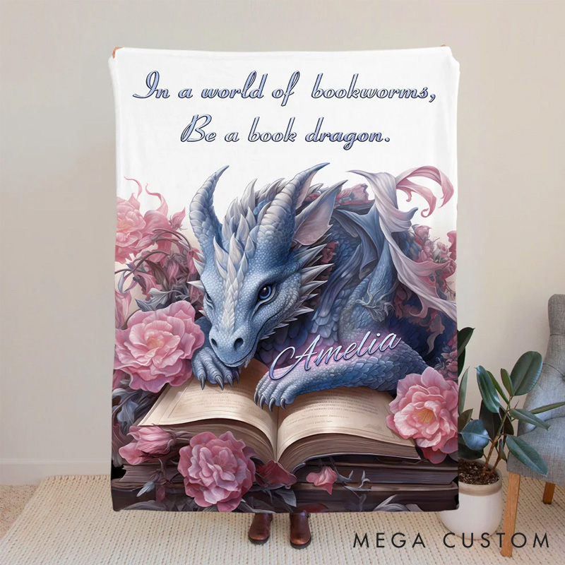 Personalized Book Dragon Soft Throw Blanket Floral Book Dragon Blanket with Name Home Decoration Birthday Gift for Bookworm Dragon Lovers Fantasy Book Lovers Gift