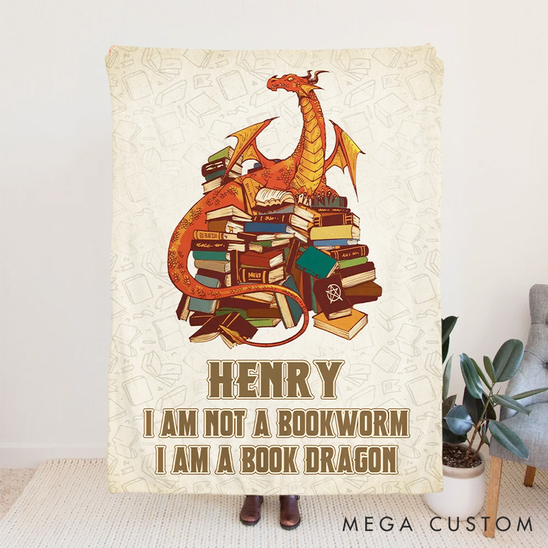 Personalized Cartoon Book Dragon Soft Throw Blanket Retro Book Dragon Blanket with Name Bookworm Birthday Gift for Dragon Lovers Fantasy Book Lovers Gift