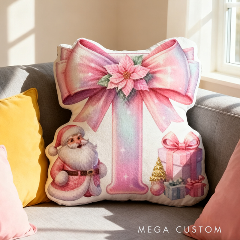 Personalized Cute Pink Santa Claus Initial Pillow Christmas Gift for Kids