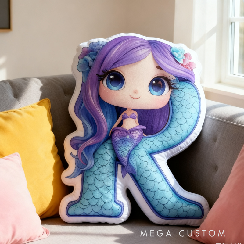 Personalized Cute Mermaid Initial Pillow Christmas Gift for Kids