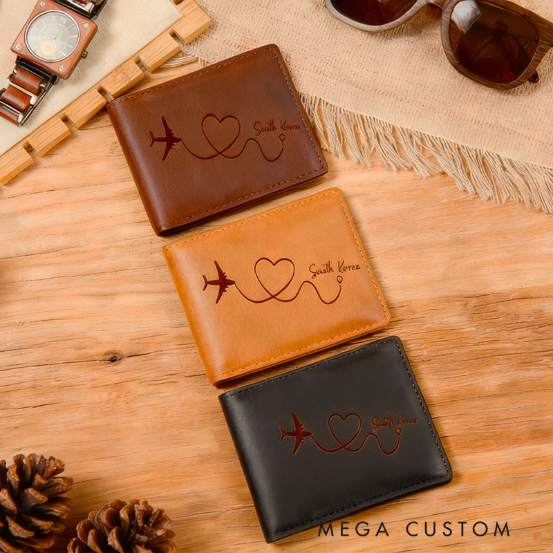 Personalized Crazy Horse Leather Wallet with Custom Travel Destination Engraving for traveling lovers