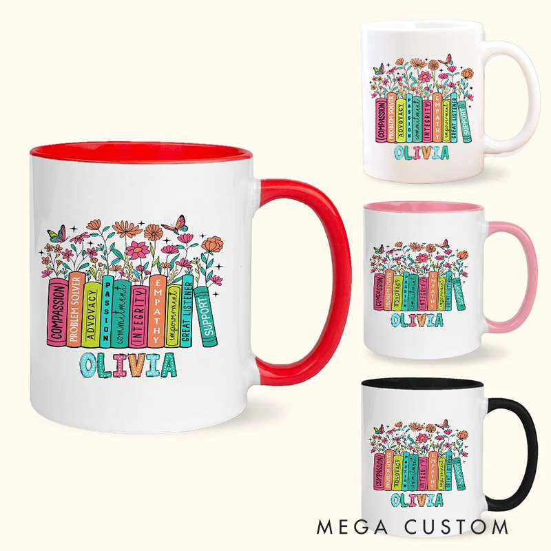 Personalized Floral Book Mug 11oz Ceramic Reading Accent Mug with Name for Bookworm Bookish Coffee Cup Book Lover Gift