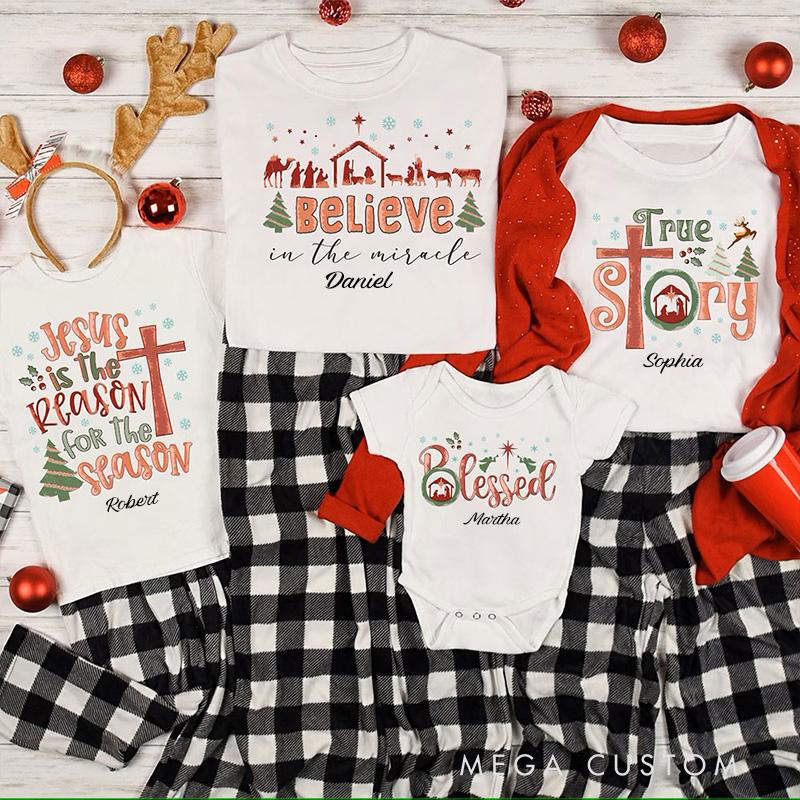 Personalized Christian Christmas Collection Family Matching T-Shirt with Name Nativity Shirt Jesus Tee Chirstian Gift for Christmas