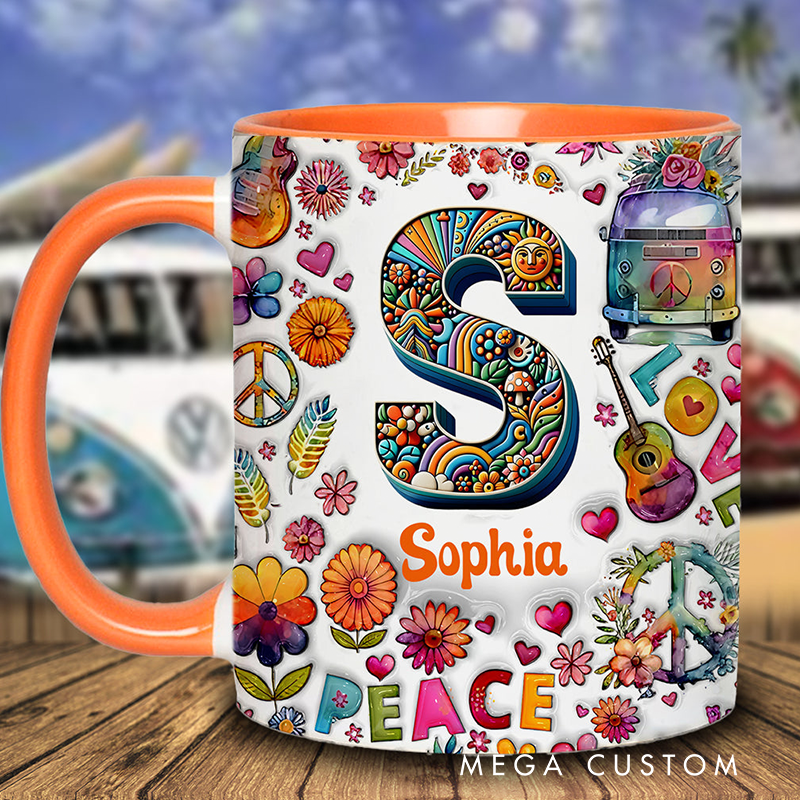 Personalized Hippie Soul Personalized name and Initial Letter mug Hippie Accent Mug for Holiday Decor Family Gifts and Party Favors