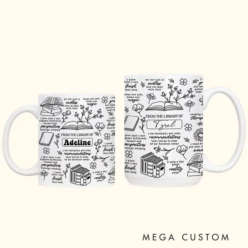 Personalized from the Library of Mug with Name Floral Book 11oz Ceramic Coffee Cup with Daily Affirmation Reading Accent Mug Gift for Family Friend Reading Lover
