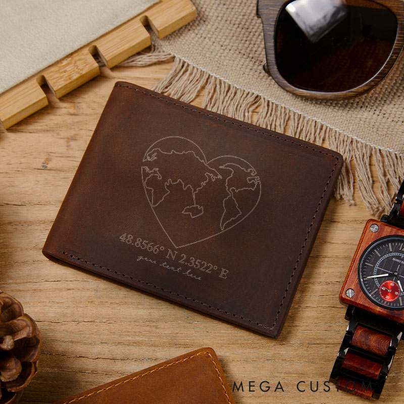 Personalized Crazy Horse Leather Wallet with Customized Latitude and Longitude for traveling lovers