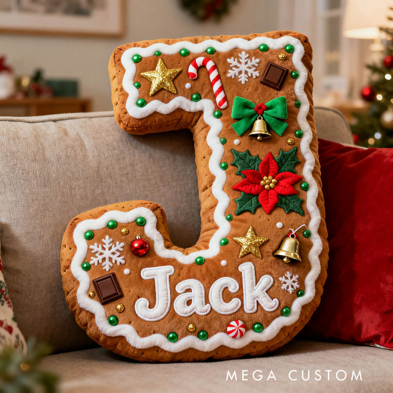 Personalized Gingerbread Letter Christmas Name Custom Kids Gift Festive Cozy Sweet Decorative Pillows