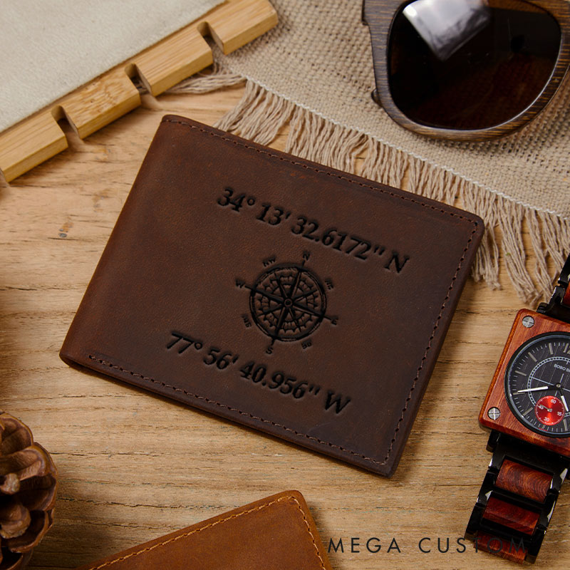Personalized coordinates Crazy Horse Leather Wallet for traveling lovers