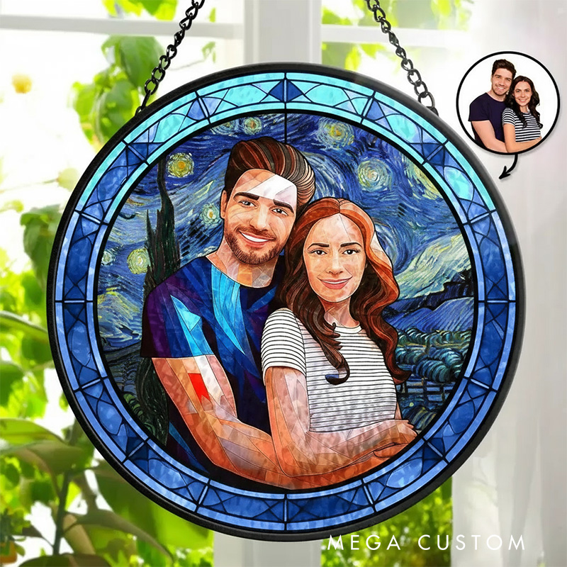Personalized Starry Night Custom Photo Portrait Couple Family Window Hanging with Name Suncatcher for Art Lover Gift