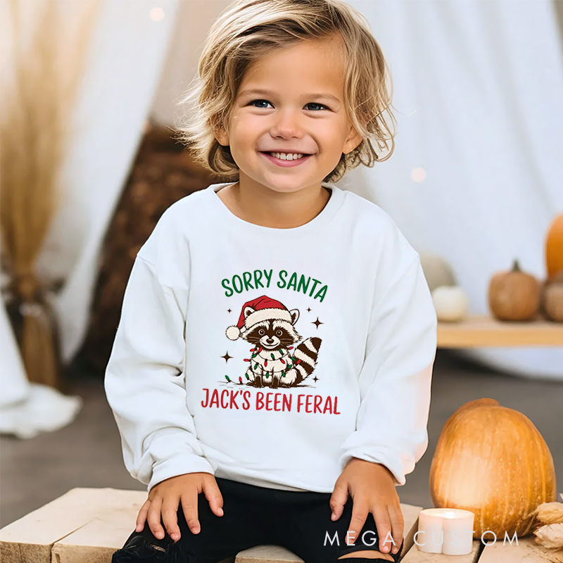 Personalized Kids Sweatshirt and Holiday Pullover with Funny Raccoon and Santa Christmas Design Featuring Festive Cartoon Elements for a Playful Winter Look