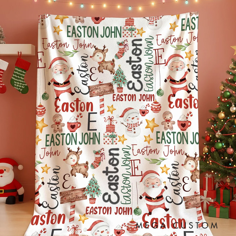 Personalized Cute Snowman Santa Claus Christmas Theme Soft Throw Blanket with Name Home Decor Christmas Gift for Kids Family